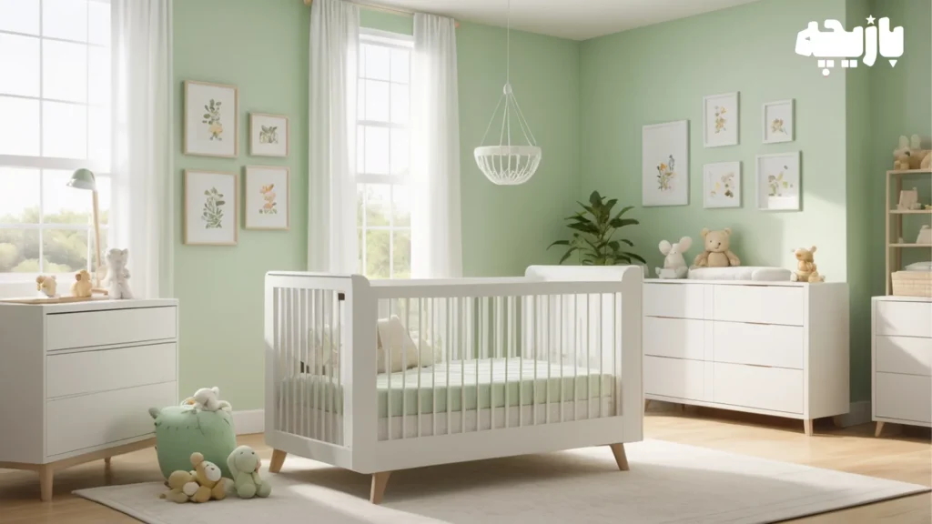 رنگ اتاق نوزاد چی باشه؟ روانشناسی رنگها برای نینیها 1 White + Pastel Green رنگ اتاق نوزاد